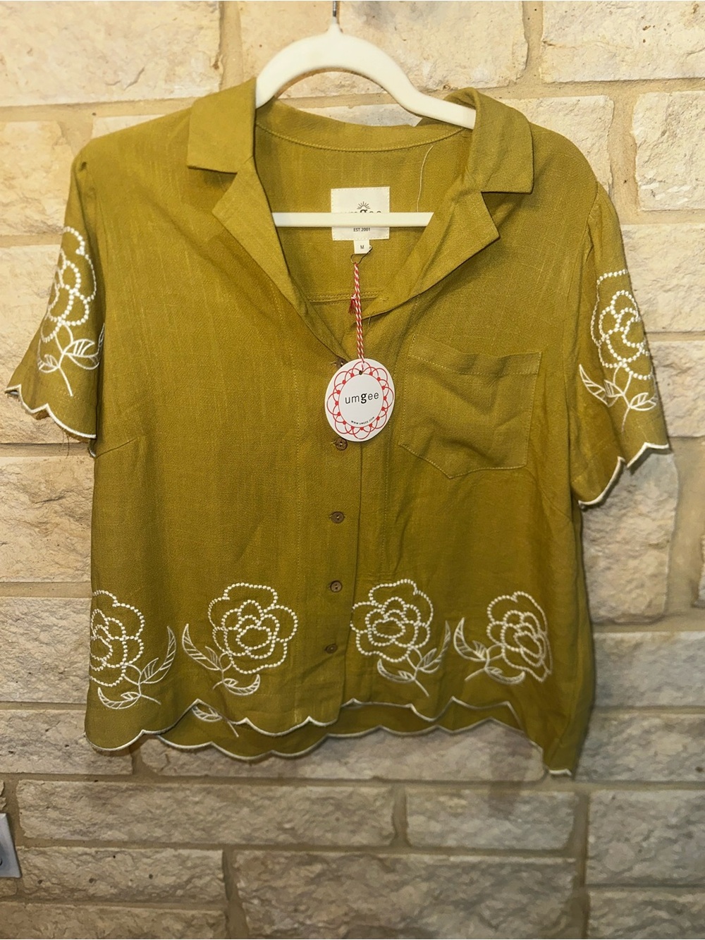 Umgee Olive Green Floral Embroidered Button-Front Linen Top